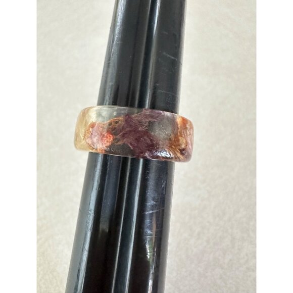 Vintage clear resin lucite preserved real genuine pink purple flowers ring 6.5 - Picture 7 of 7